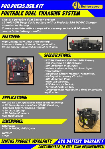 Picture of PREMADE BATTERY PACK, INCLUDES PROJECTA 25A DC-DC CHARGER, 120AH DEEP CYCLE AGM BATTERY, BLUETOOTH BATTERY MONITOR, ACCESSORY SOCKET