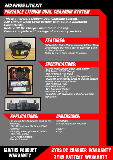 Picture of PREMADE BATTERY PACK, INCLUDES 25 AMP DC-DC REDARC CHARGER/ISOLATOR, 126 AMP/HR LITHIUM BATTERY, ACCESSORY SOCKET