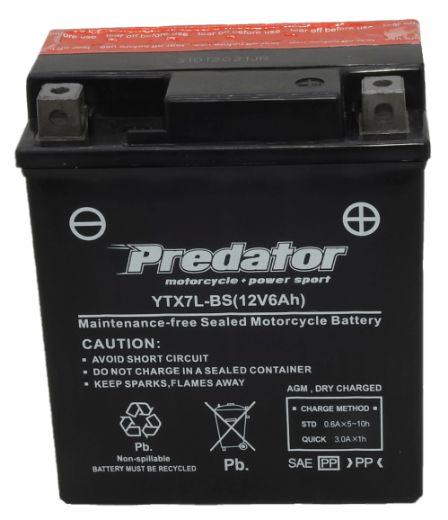 Picture of YTX7L-BS - 12VOLT 6AH PREDATOR MOTORCYCLE AGM BATTERY WITH ACID PACK - RHP