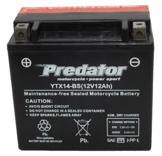 Picture of YTX14-BS - 12VOLT 12AH 200CCA PREDATOR MOTORCYCLE AGM BATTERY WITH ACID PACK - LHP