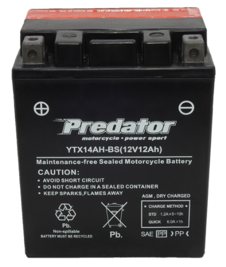 Picture of YTX14AH-BS - 12VOLT 12AH  PREDATOR MOTORCYCLE AGM BATTERY WITH ACID PACK - LHP