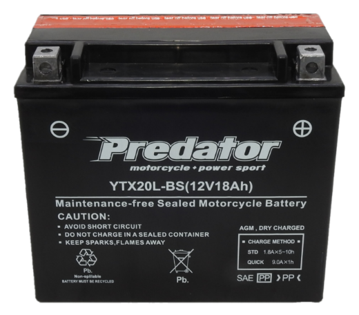 Picture of YTX20L-BS - 12VOLT 18AH PREDATOR MOTORCYCLE AGM BATTERY WITH ACID PACK - RHP