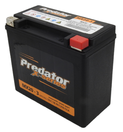 Picture of MX20-3 - 12VOLT 310CCA 18AH PREDATOR HEAVY DUTY MOTORCYCLE BATTERY AGM WITH HIGH COMPRESSION SEPARATOR - RHP