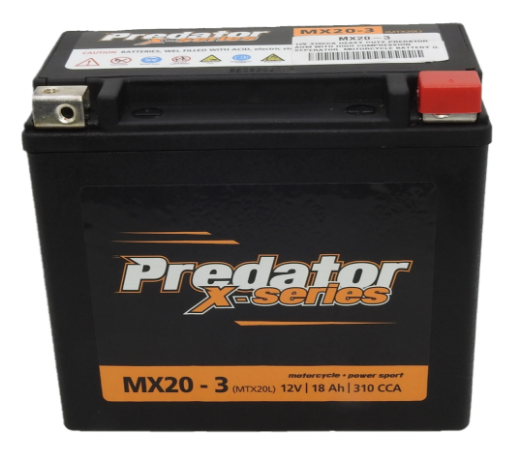 Picture of MX20-3 - 12VOLT 310CCA 18AH PREDATOR HEAVY DUTY MOTORCYCLE BATTERY AGM WITH HIGH COMPRESSION SEPARATOR - RHP