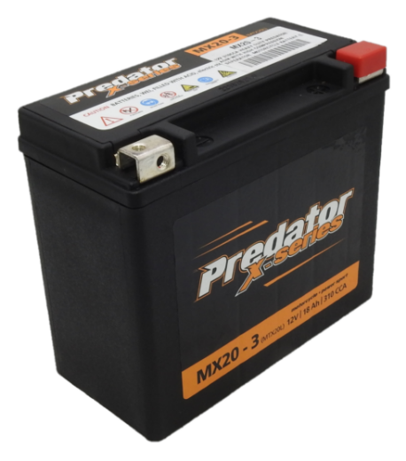 Picture of MX20-3 - 12VOLT 310CCA 18AH PREDATOR HEAVY DUTY MOTORCYCLE BATTERY AGM WITH HIGH COMPRESSION SEPARATOR - RHP