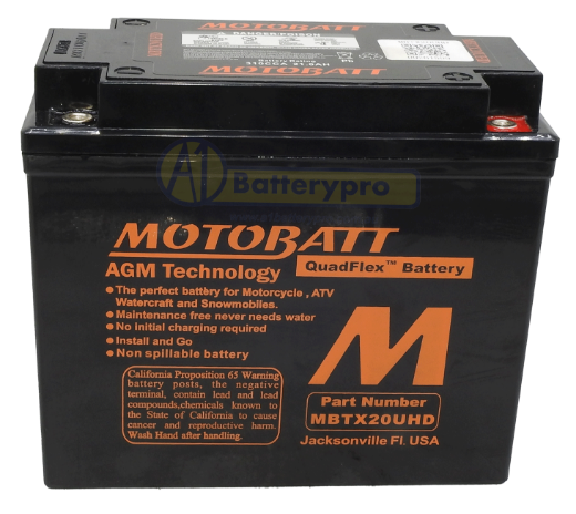 Picture of MBTX20UHD - 12VOLT 335CCA 21AH MOTOBATT "BLACK CASE" AGM QUADFLEX BATTERY WITH 15MM SPACER SUPPLIED  - RHP
