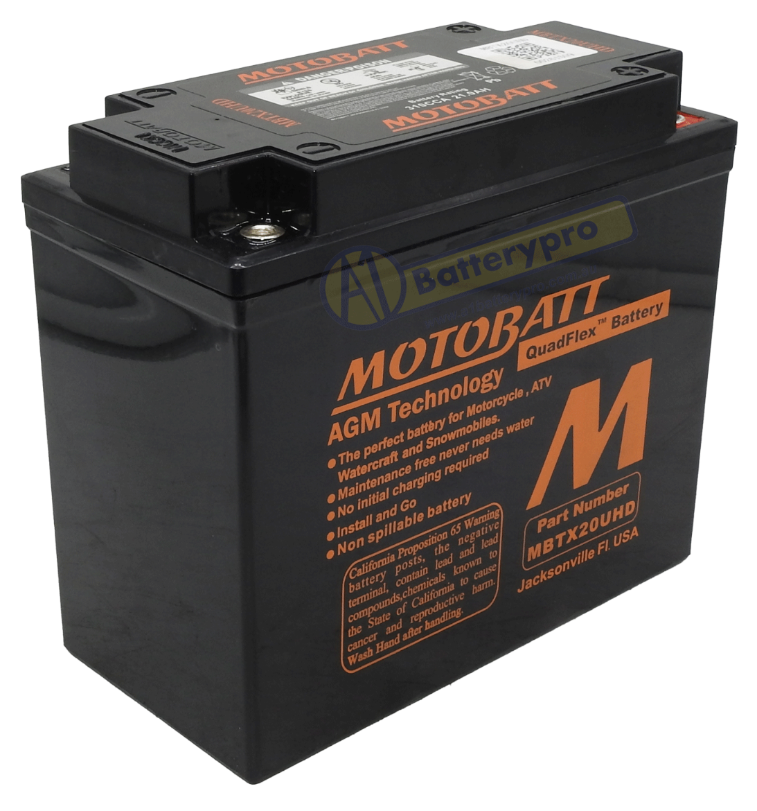 Picture of MBTX20UHD - 12VOLT 335CCA 21AH MOTOBATT "BLACK CASE" AGM QUADFLEX BATTERY WITH 15MM SPACER SUPPLIED  - RHP