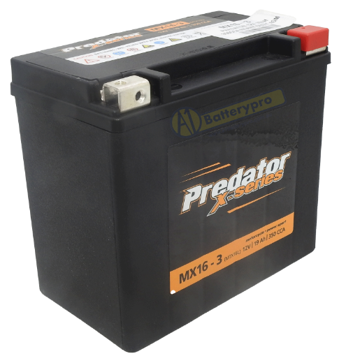 Picture of MX16-3 - 12VOLT 350CCA 19AH PREDATOR HEAVY DUTY MOTORCYCLE AGM BATTERY WITH HIGH COMPRESSION SEPARATOR - RHP