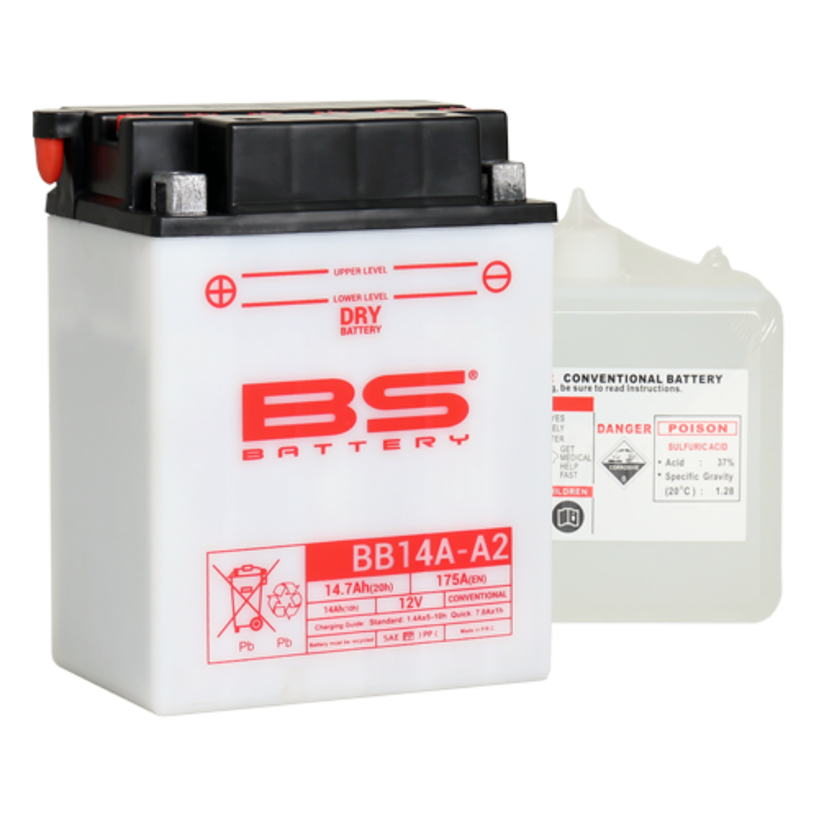 Picture of BB14A-A2 12V 14AH 175CCA DRY CONVENTIONAL BS MOTORCYCLE BATTERY