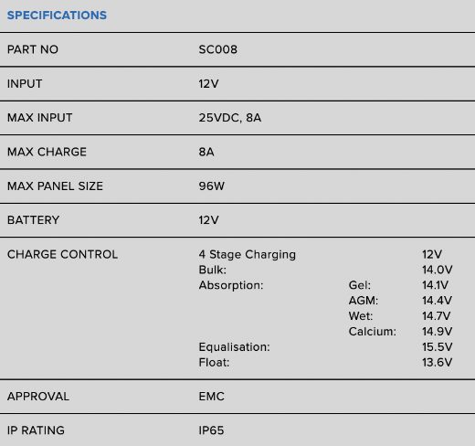 Picture of PROJECTA AUTOMATIC 12V 8 AMP 4 STAGE SOLAR CHARGE CONTROLLER