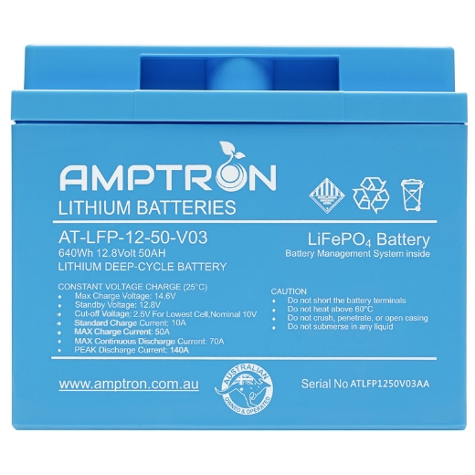 Picture of 12VOLT 50AH / 70A BMS / 640WH CAPACITY AMPTRON LIFEPO4 BATTERY - IP65 RATING