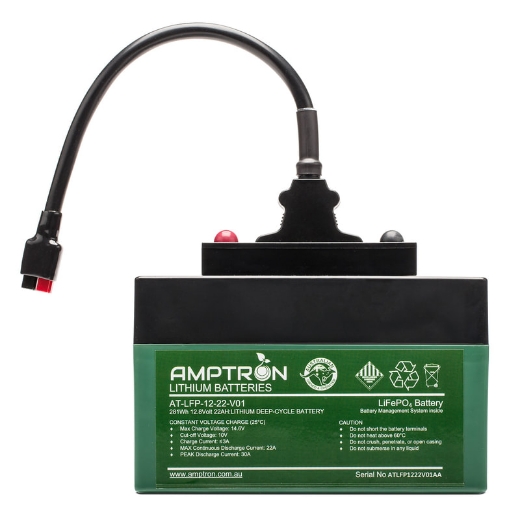 Picture of 12VOLT 22AH / 30A BMS / 282WH CAPACITY AMPTRON LIFEPO4 BATTERY WITH T-ANDERSON CONNECTORS - INCLUDES 5A LIFEPO4 CHARGER - IP65 RATING (BATTERY ONLY)