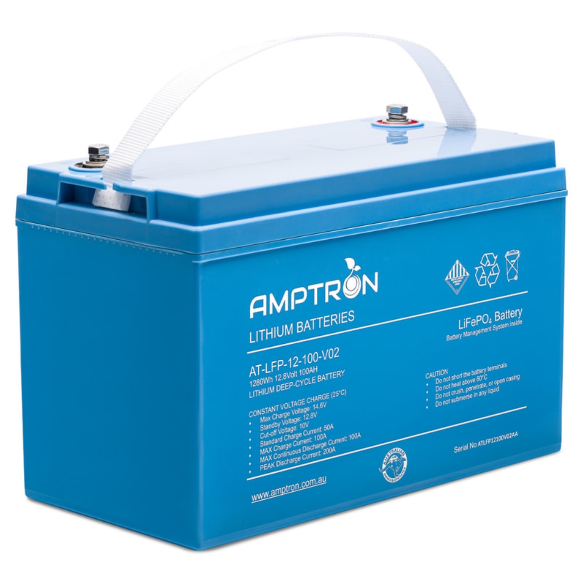 Picture of 12 VOLT 100AH / 100A BMS/ 1280WH CAPACITY LIFEPO4 AMPTRON BATTERY - VERSION 2 - IP65 RATING