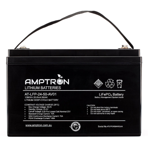 Picture of 24 VOLT 50AH / 70A BMS / 1280WH CAPACITY LIFEPO4 AMPTRON BATTERY - IP65 RATING