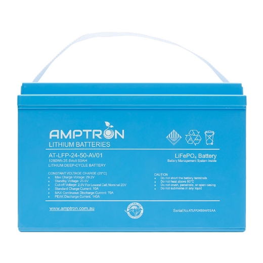 Picture of 24VOLT 50AH / 70A BMS / 1280WH CAPACITY AMPTRON LIFEPO4 BATTERY - IP65 RATING