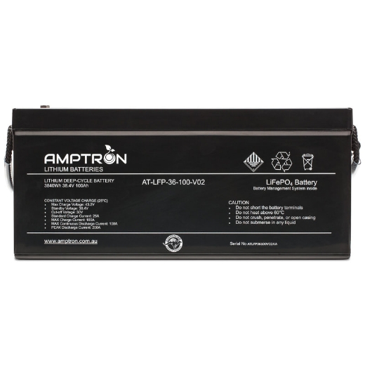 Picture of 36 VOLT 100AH / 100A BMS / 3840WH CAPACITY LIFEPO4 AMPTRON BATTERY - VERSION 2 - IP65 RATING