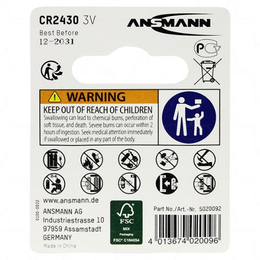 Picture of CR2430 ANSMANN 3V LITHIUM BUTTON BATTERY