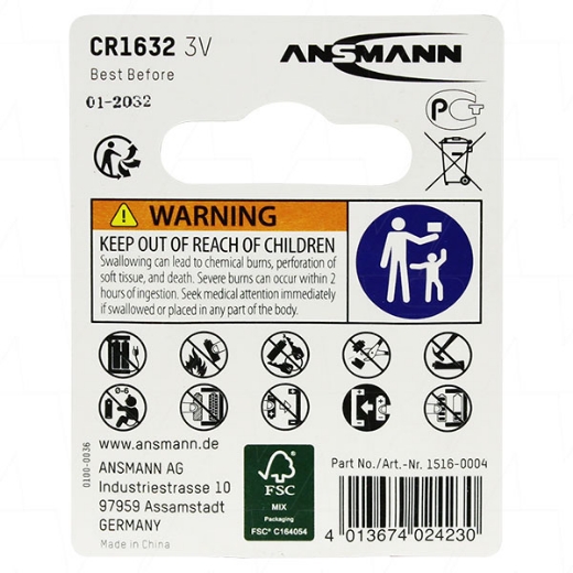 Picture of CR1632 ANSMANN 3V LITHIUM BUTTON BATTERY