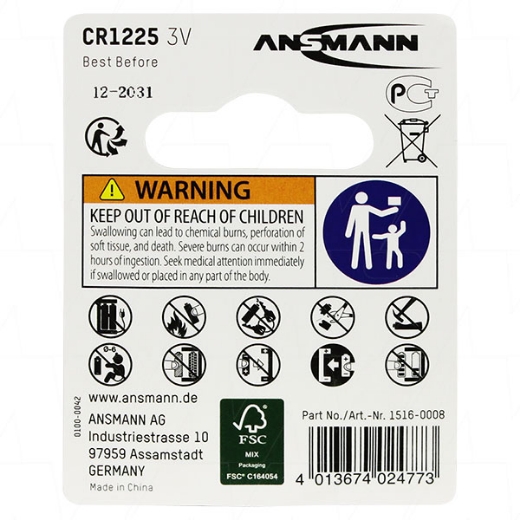 Picture of CR1225 ANSMANN 3V LITHIUM BUTTON BATTERY