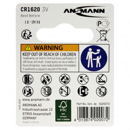 Picture of CR1620 ANSMANN 3V LITHIUM BUTTON BATTERY