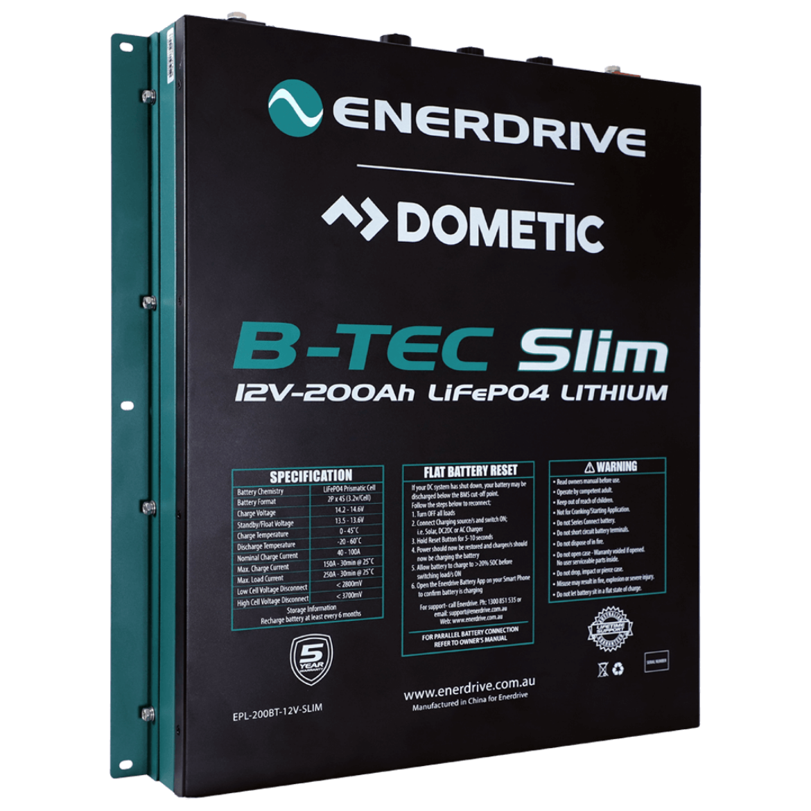 Picture of 12VOLT 200AH ENERDRIVE B-TEC SLIMLINE METAL CASE LIFEPO4 LITHIUM BATTERY - MAX DISCHARGE: 200A - IP52 RATING