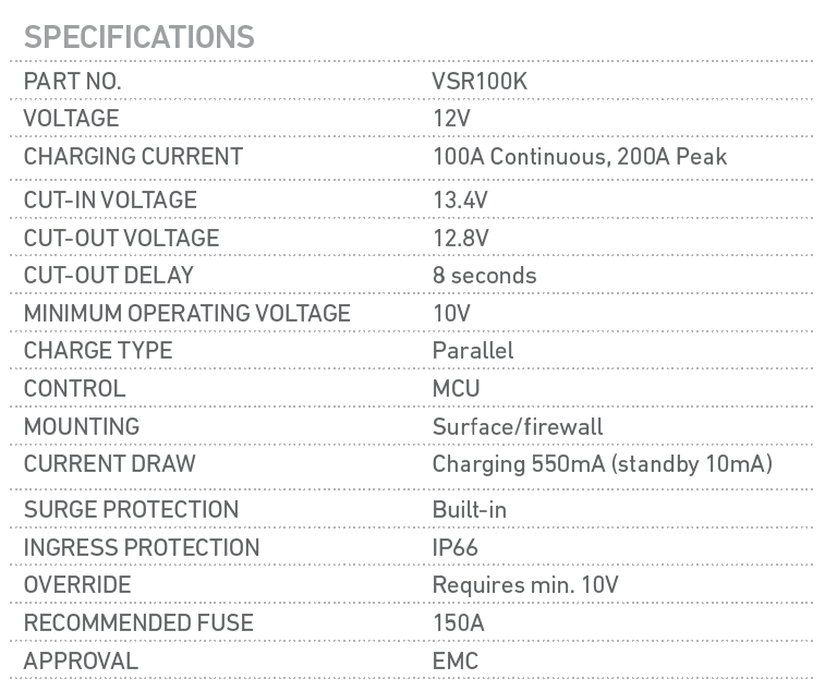 VSR100K PROJECTA 12V 100A VOLTAGE SENSITIVE RELAY KIT A1 Batterypro