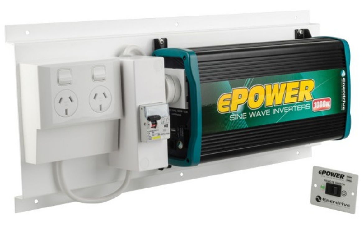 Picture of 12V 1000W ENERDRIVE EPOWER PURE SINE WAVE INVERTER MOUNTED ON A BOARD WITH RCD PROTECTED GPO