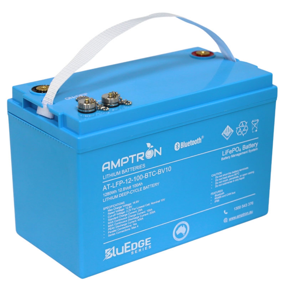 Picture of 12VOLT 100AH / 200A BMS / 1280WH CAPACITY AMPTRON BLUEDGE LIFEPO4 ABS BATTERY WITH BLUETOOTH & DATA COMMS - IP67 RATING