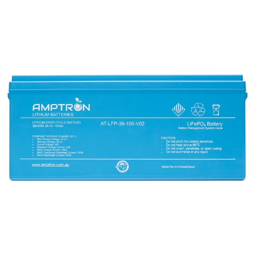 Picture of 36VOLT 100AH / 100A BMS / 3840WH CAPACITY AMPTRON LIFEPO4 BATTERY - VERSION 2 - IP65 RATING