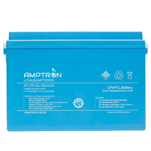Picture of 24VOLT 100AH / 100A BMS / 2560WH CAPACITY AMPTRON LIFEPO4 BATTERY - VERSION 2 - IP65 RATING