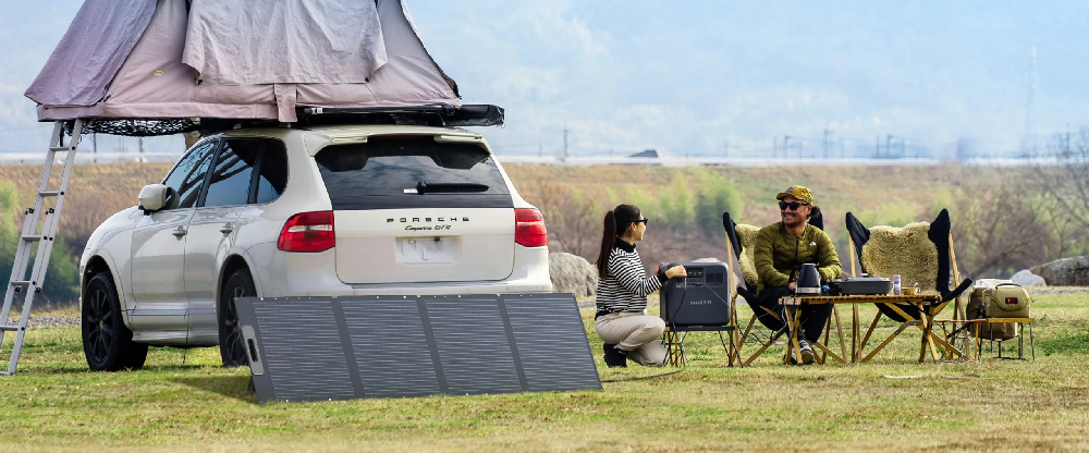 Bluetti Camping Setup with PV200D Solar Panel connected to a Power Station